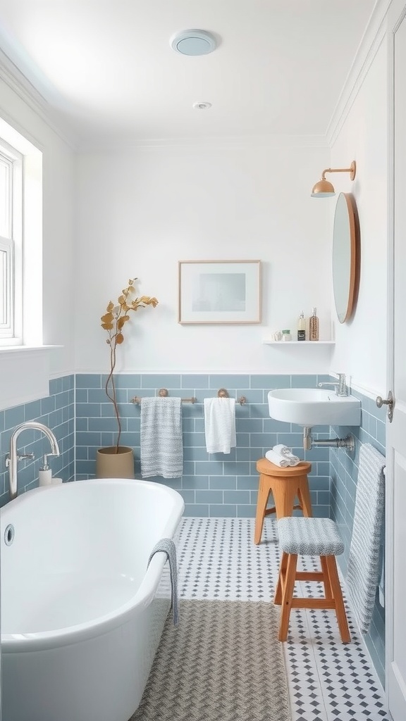 A modern bathroom featuring white and blue tiles with a serene aesthetic