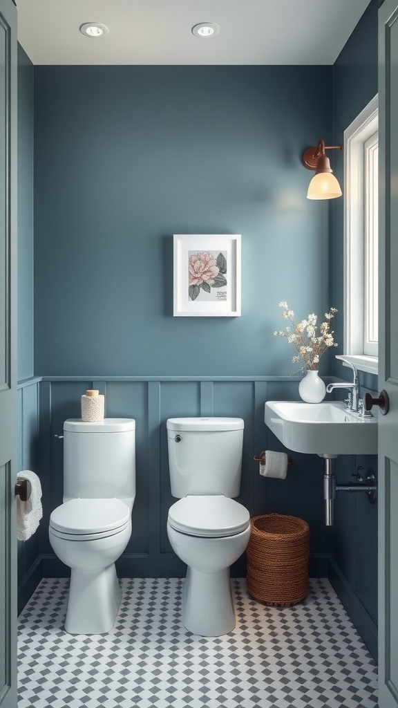 A serene bathroom featuring slate blue walls and white fixtures, with stylish decor elements.