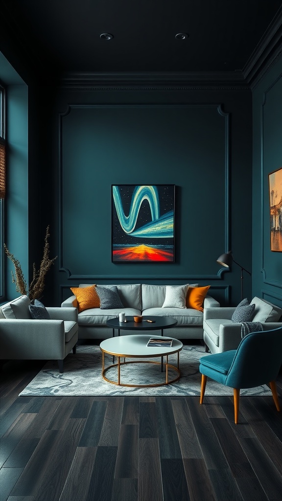 A stylish living room with cool teal walls and light furniture, featuring art and decor.