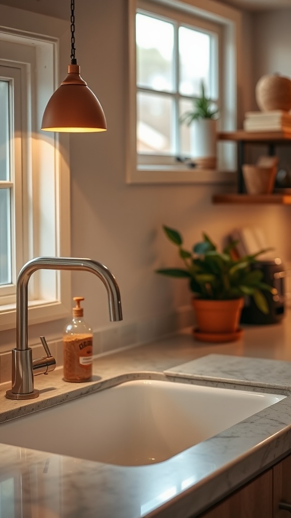 Copper pendant light illuminating a kitchen sink area with marble countertop