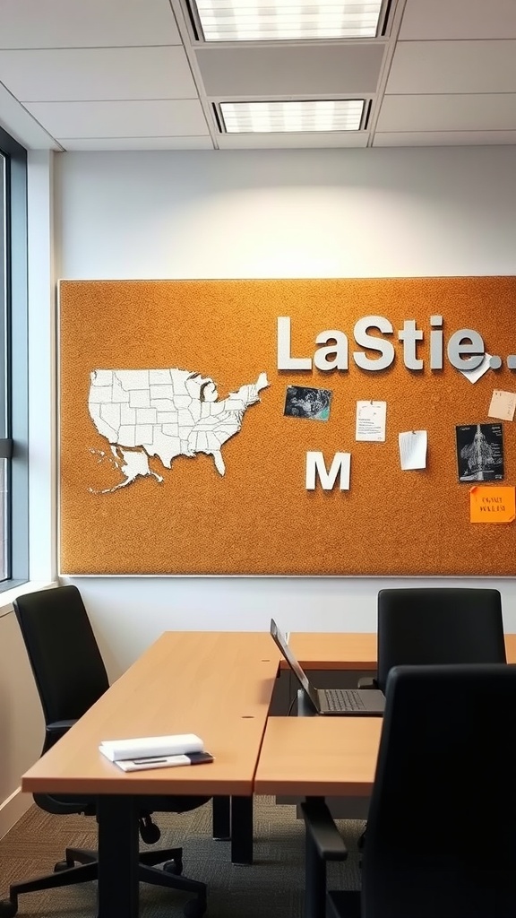 Cork board wall with notes and a map in an office setting