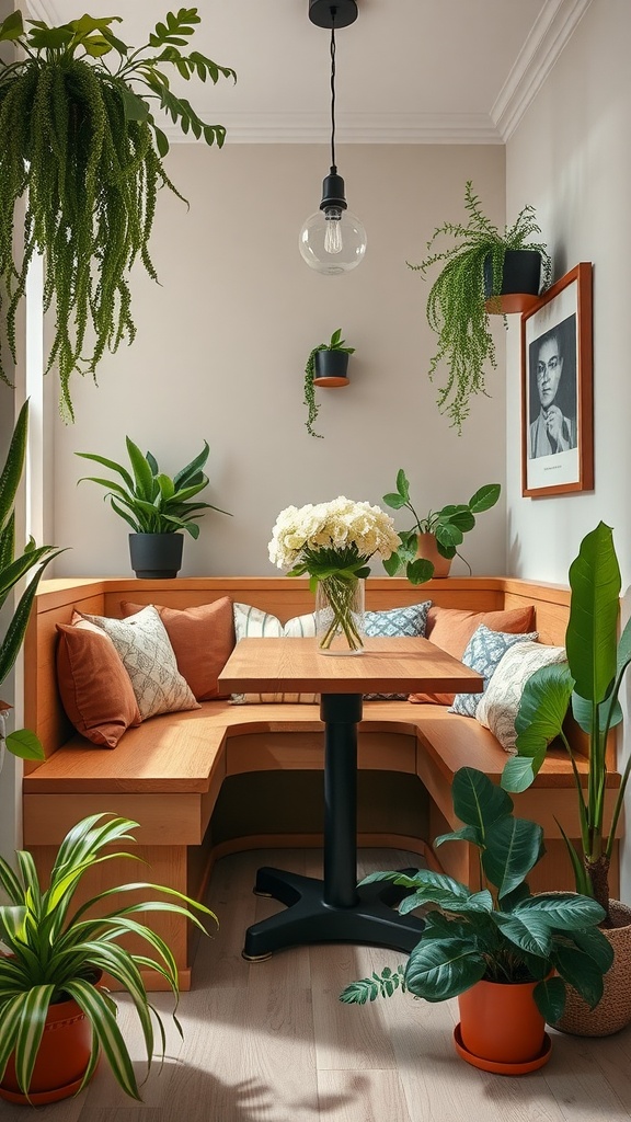 Cozy corner bench dining nook with storage, plants, and decorative pillows.