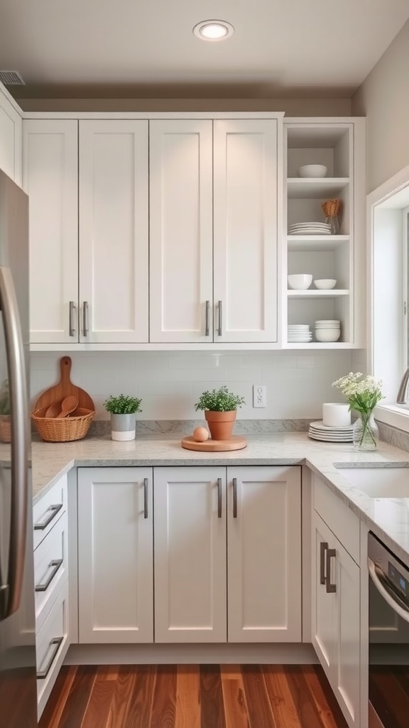 A modern kitchen featuring white corner cabinets with open shelving and a stylish countertop.