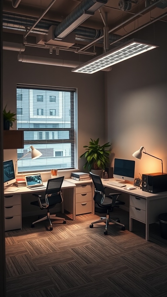 A corner office setup with two desks, computers, and a plant.