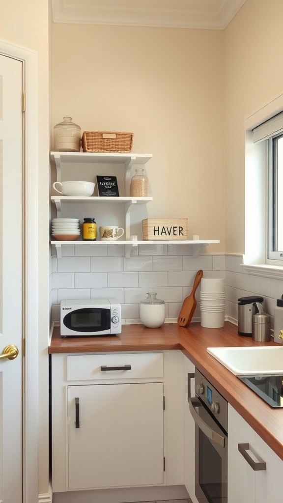 A small apartment kitchen featuring corner shelves with dishes and jars.