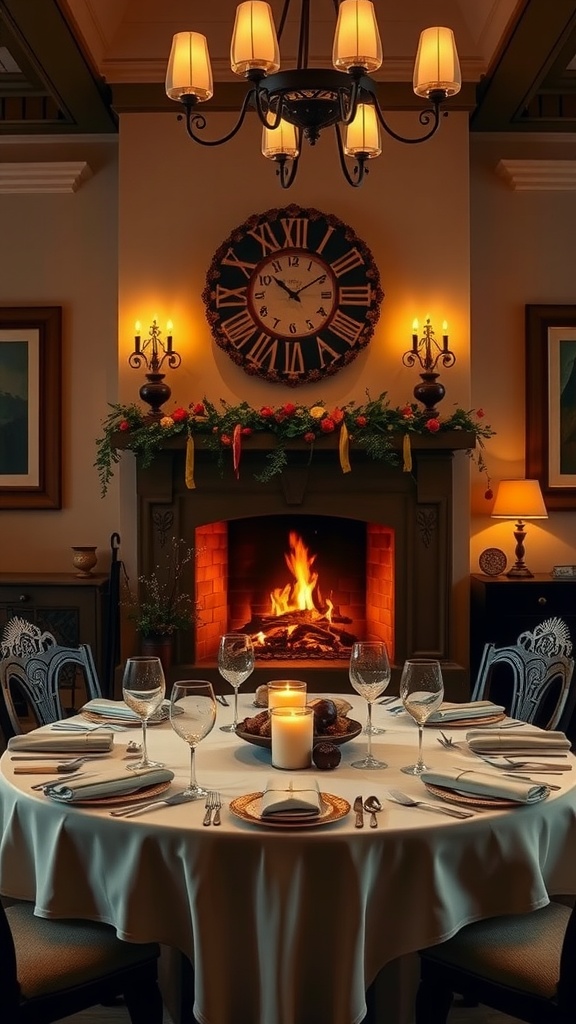 Cozy Italian dining room with a fireplace, elegant table setting, and warm lighting.