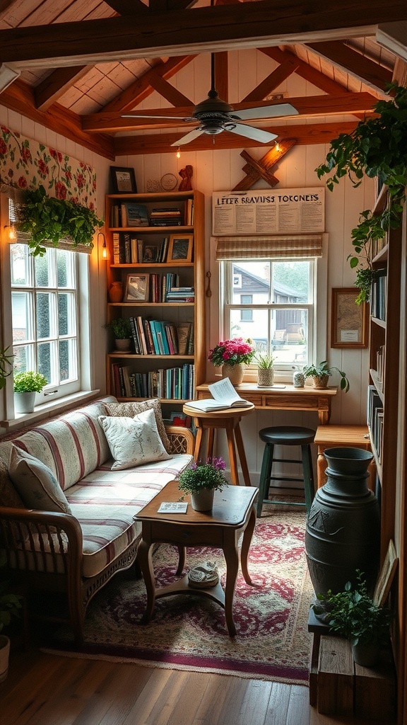 Cozy cottage-inspired reading nook with a sofa, bookshelf, and plants