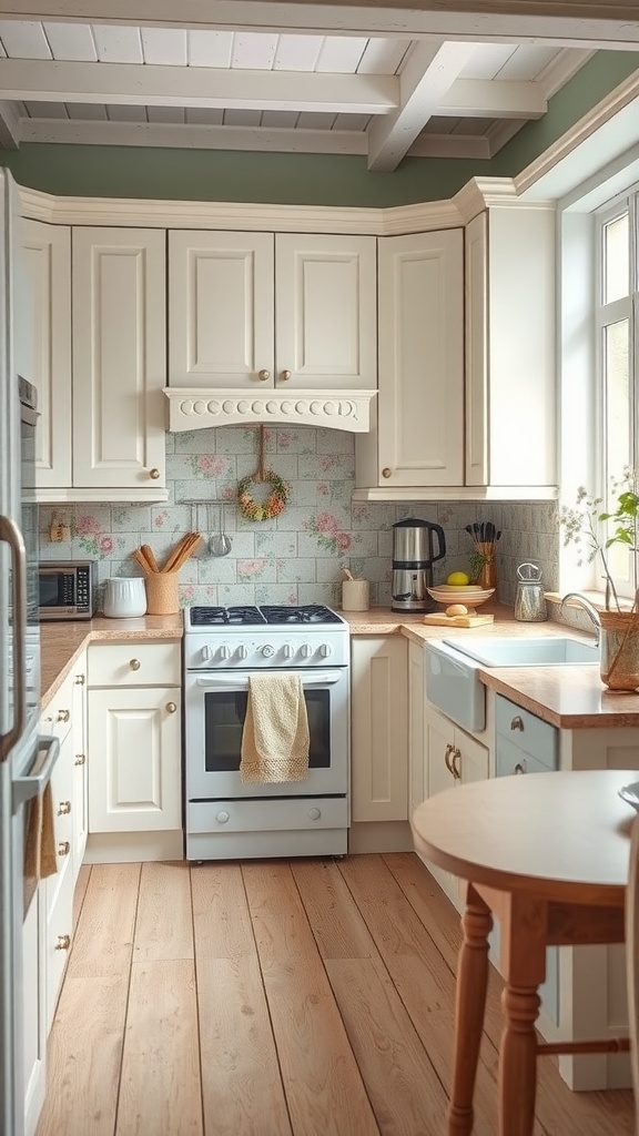A cozy kitchen featuring cottage-style painted cabinets, wooden countertops, and a floral backsplash.