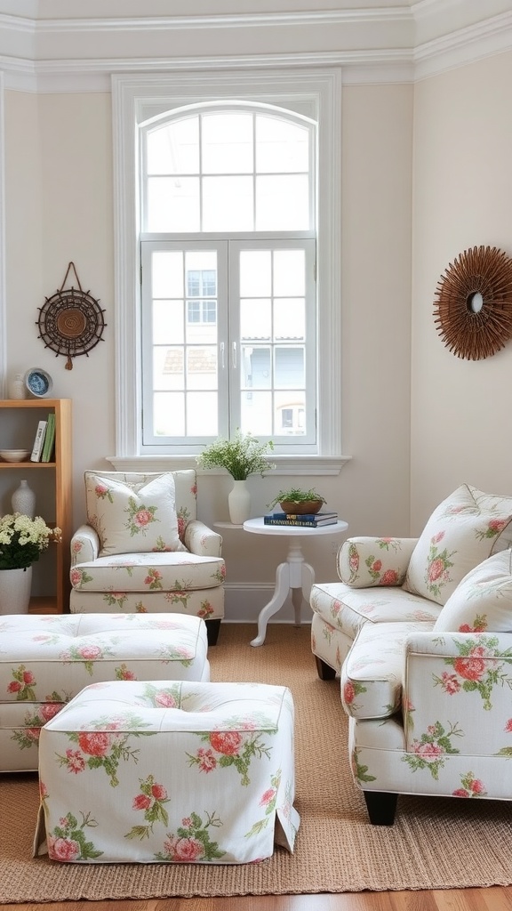 Cozy cottage style living room featuring floral armchairs and ottomans