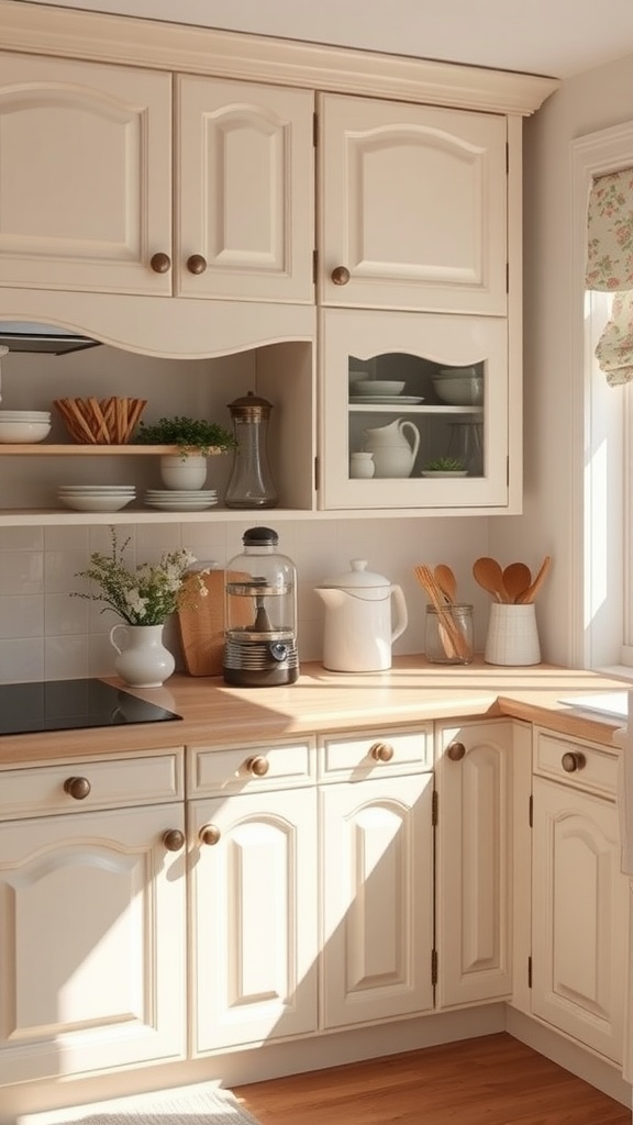 Cottage style kitchen cabinets with curved edges and wooden countertop