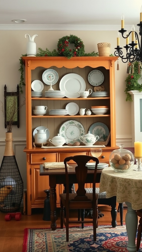 A cozy cottage style hutch display with delicate dinnerware and a festive wreath.