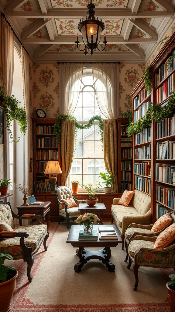 A cozy cottage-style library featuring floral wallpaper, comfortable seating, and shelves filled with books.