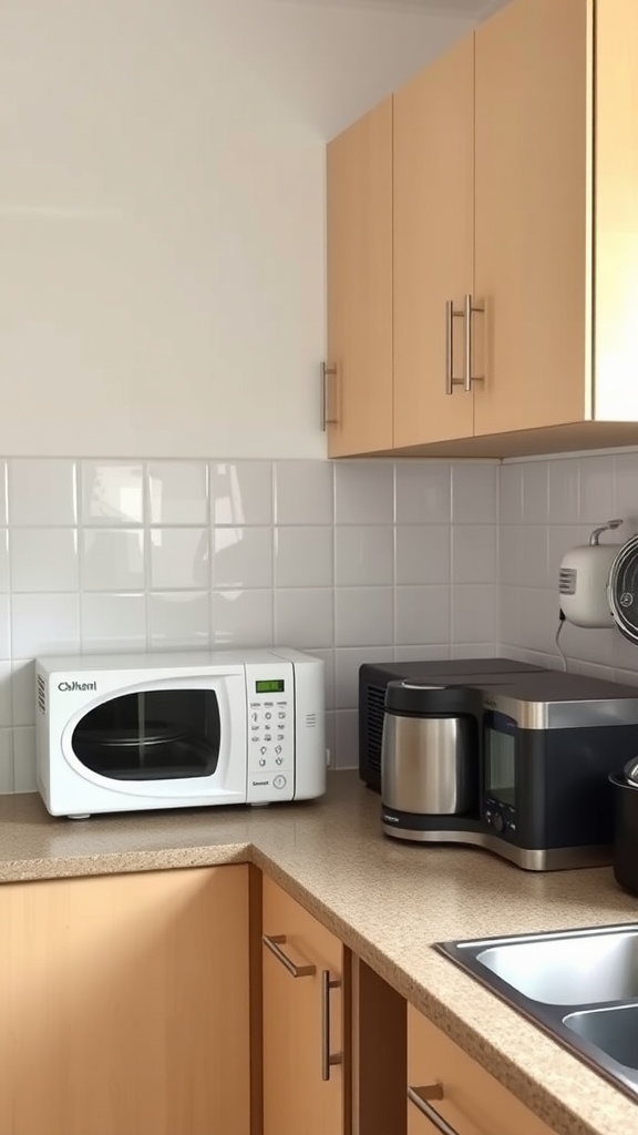 A small kitchen counter with a microwave, coffee maker, and oven.