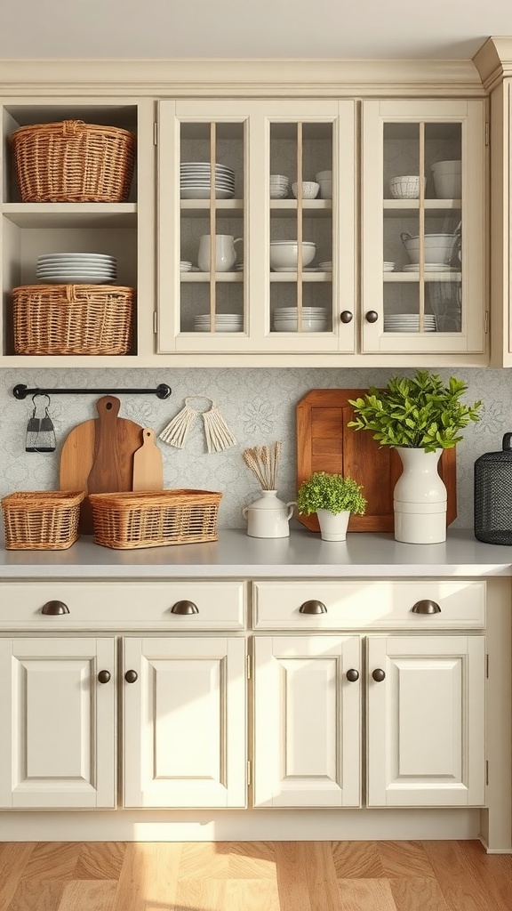 A cozy farmhouse kitchen with cream-colored cabinets, glass-front doors, woven baskets, and decorative accessories.