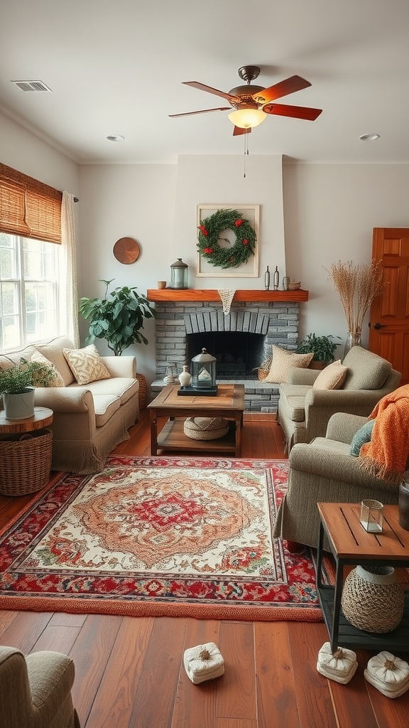 A cozy rustic farmhouse living room with a colorful area rug, a fireplace, and comfortable seating.