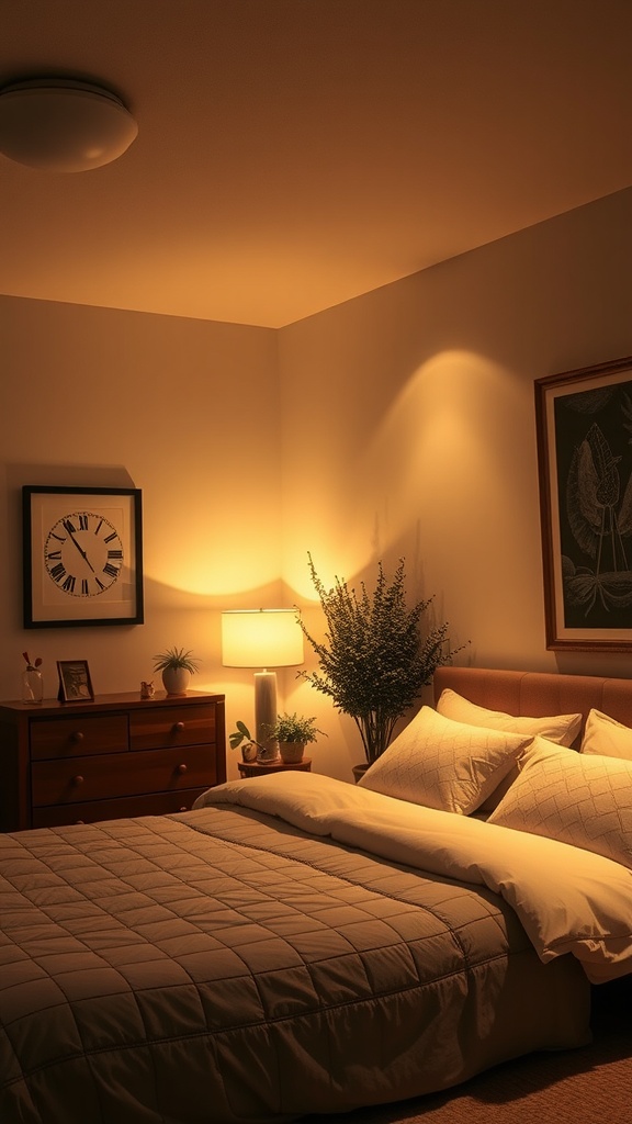 A cozy bedroom featuring cove lighting that creates a warm and inviting glow.