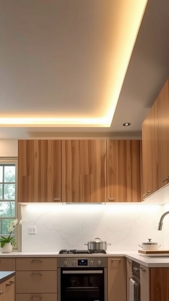 A modern kitchen with cove lighting illuminating the ceiling and under-cabinet areas, creating a soft glow.