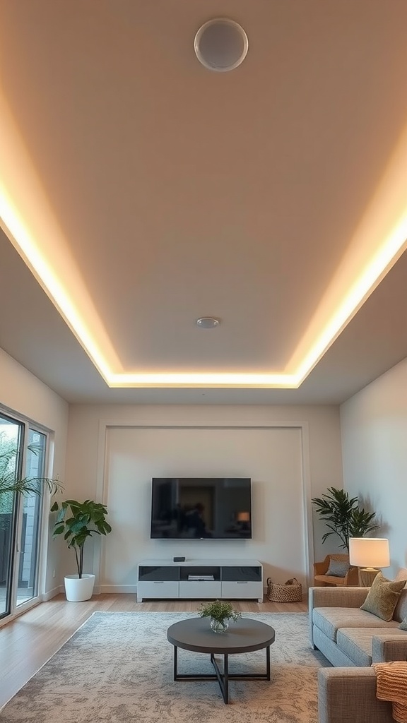 A modern living room with cove lighting along the ceiling, creating a warm and inviting atmosphere.