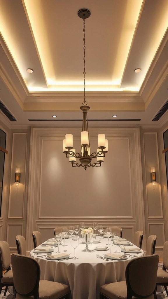 A dining room with cove lighting, featuring a round table set for a meal, a chandelier, and elegant wall sconces.