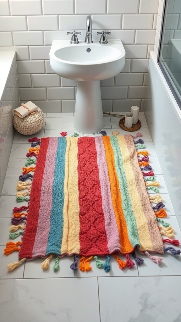 A colorful DIY bath mat made from old towels in a bathroom setting