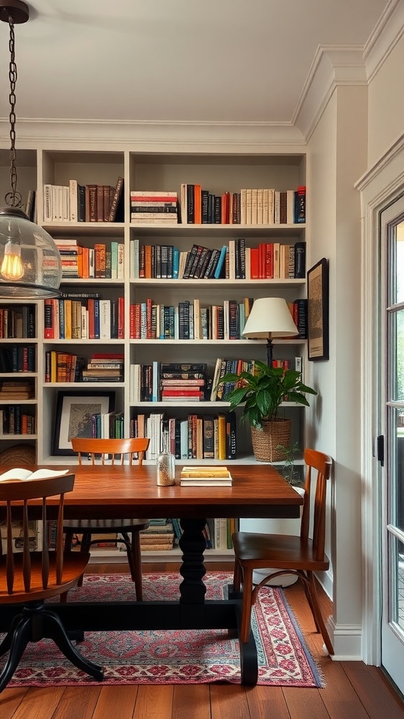 Cozy dining room with a wooden table, chairs, and a bookshelf filled with colorful books.