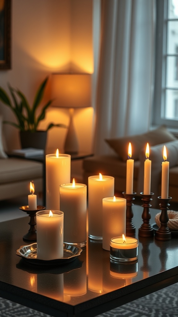 A cozy arrangement of candles in various heights and styles on a table, creating a warm atmosphere in a living room.