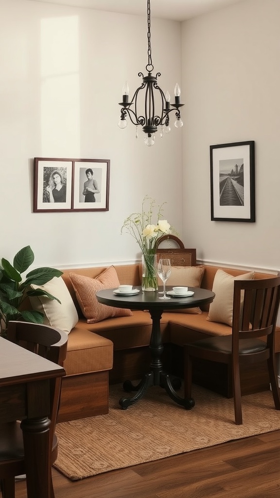 Cozy corner nook in a dining room with a round table, cushioned seating, and decorative accents.