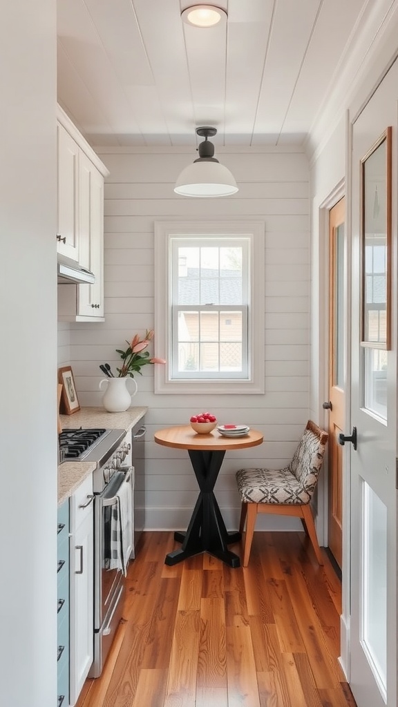 A cozy corner nook in a tiny kitchen with a person sitting on a bench.