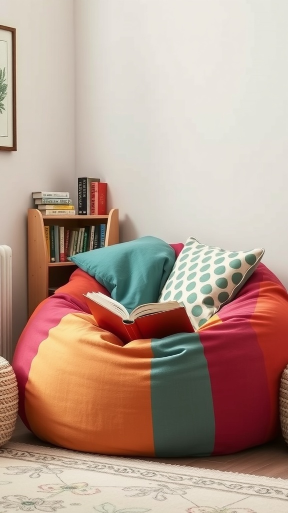 A colorful bean bag chair in a cozy reading nook, surrounded by books and pillows.