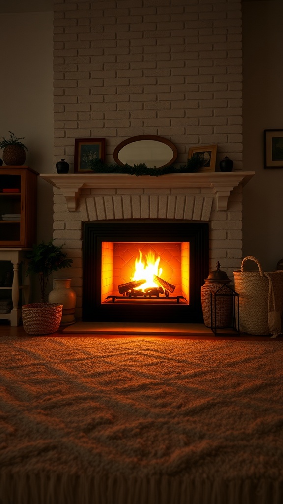 Cozy fireplace with warm light and a soft rug.