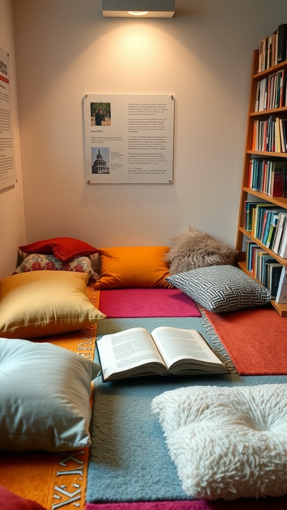 Colorful mats and pillows arranged in a cozy reading corner with an open book.