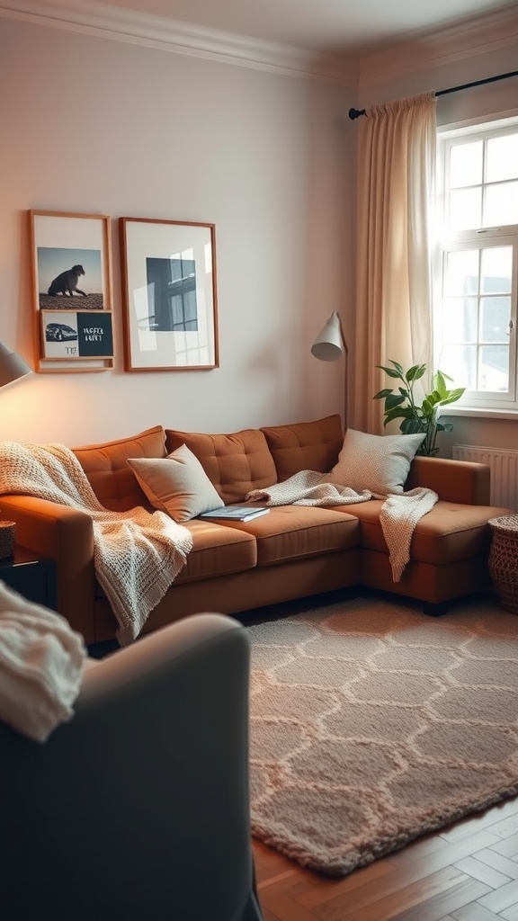 A cozy living room featuring a brown couch, light curtains, a plush rug, and decorative wall art.