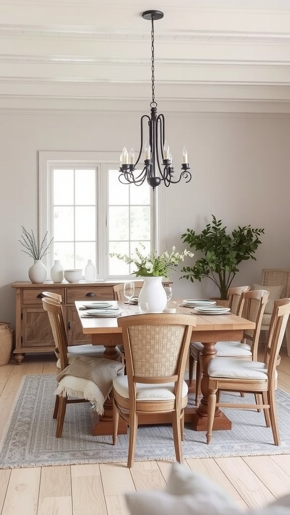 Cozy modern farmhouse dining room with wooden furniture, a chandelier, and neutral decor