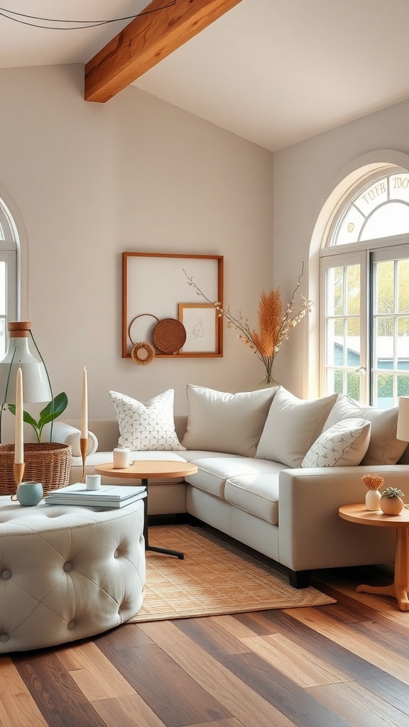 A cozy modern farmhouse living room with neutral tones, featuring a light beige sofa, wooden furniture, and natural light.