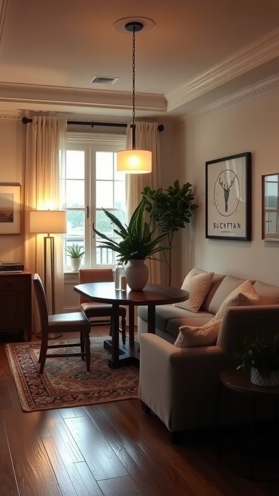 Cozy living room dining room combo with a round table, sofa, and plants.