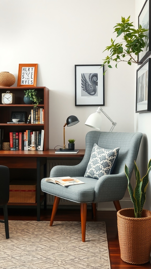 Cozy home office nook featuring a comfortable reading chair, a small bookshelf, and a potted plant