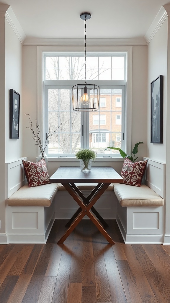 Cozy dining nook with bench seating, decorative pillows, and a pendant light