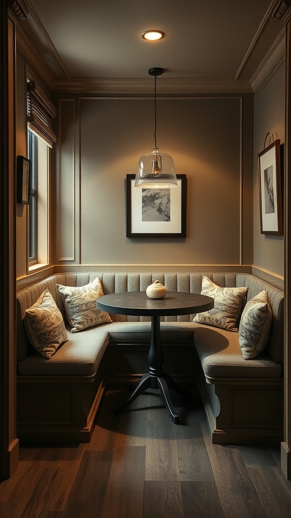 Cozy nook with built-in seating, round table, and pendant light.