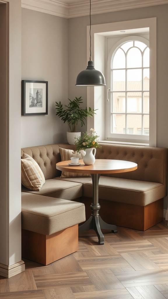 Cozy nook with integrated dining area featuring tufted seating, a round table, and a pendant light