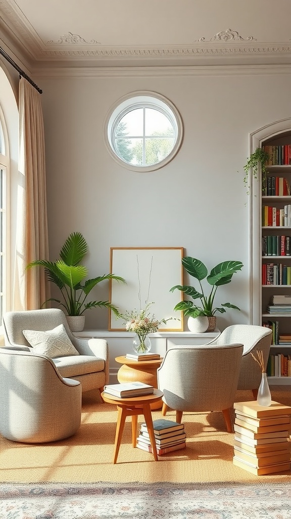 A cozy farmhouse living room nook with comfortable chairs, plants, and natural light.