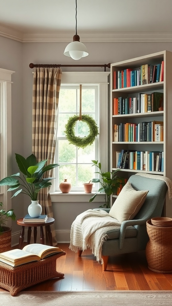 Cozy reading nook with a chair, plants, and a bookshelf