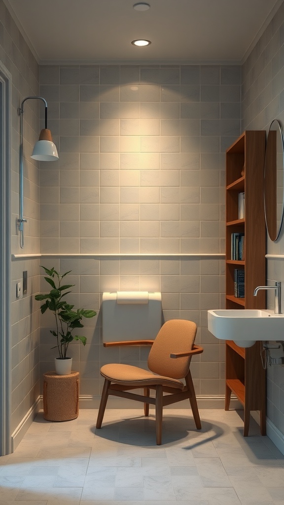 Cozy reading nook in a bathroom with a stylish chair, a shelf of books, and soft lighting.