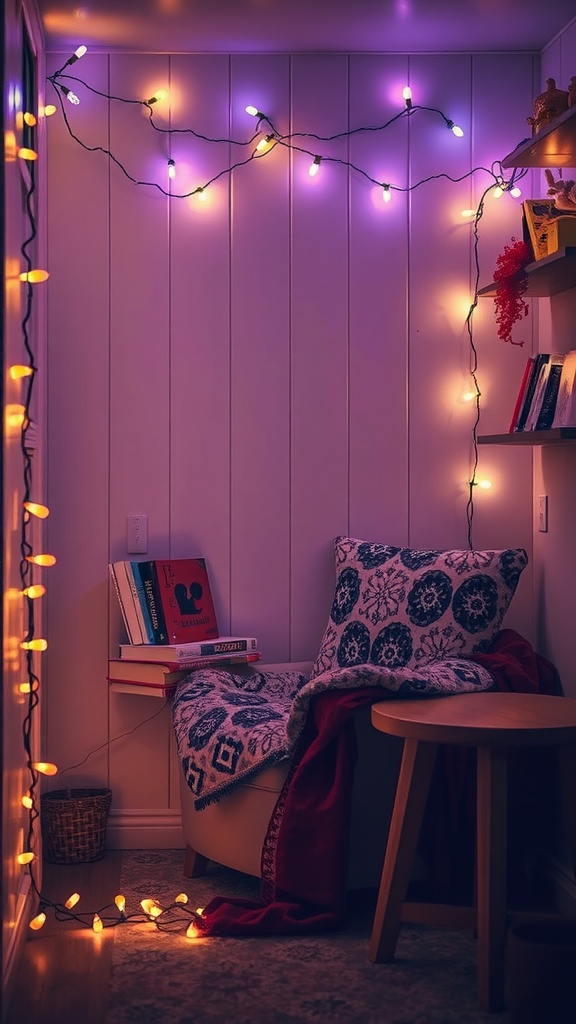 A cozy reading nook with fairy lights, featuring a comfortable chair, books, and a warm atmosphere.