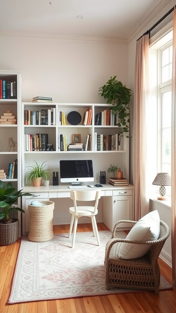 A cozy home office setup featuring a desk with a computer, bookshelves filled with books, and a comfortable reading chair.