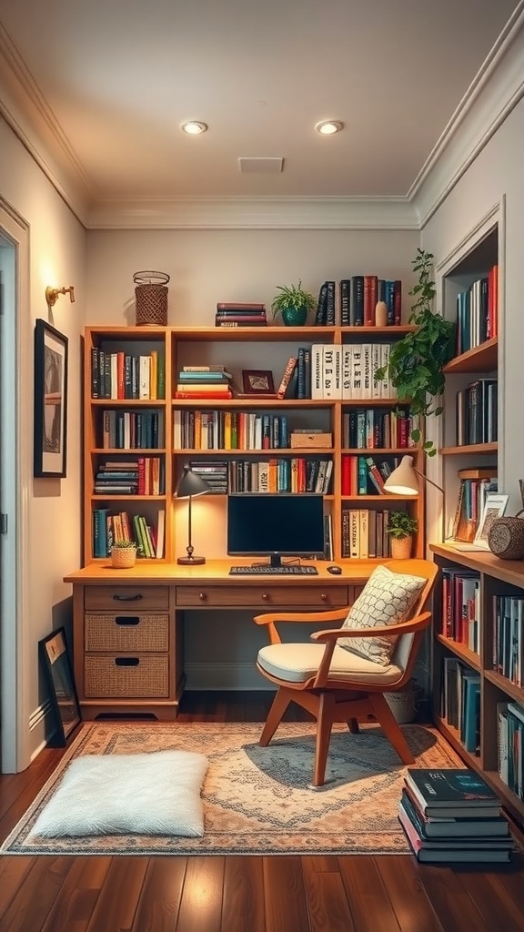 A cozy home office featuring a wooden desk, bookshelves filled with books, a comfortable chair, and plants, creating a warm and inviting space.