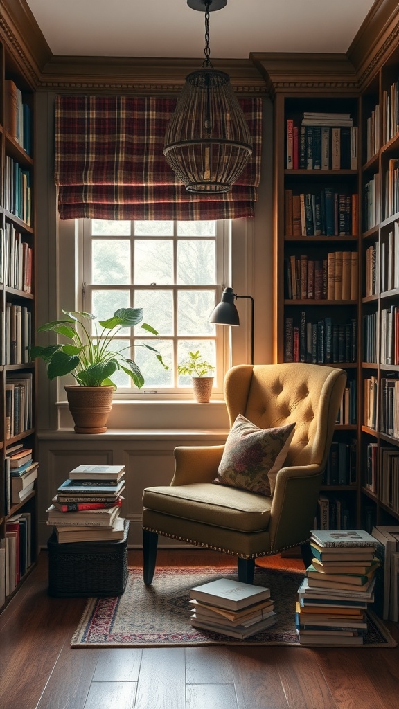 Cozy reading nook featuring a vintage armchair by a window with bookshelves filled with books and decorative plants.