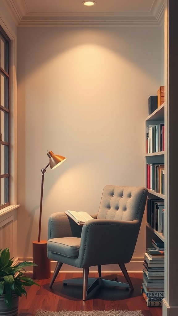 Cozy reading nook featuring a stylish armchair, a floor lamp, and a bookshelf filled with books.
