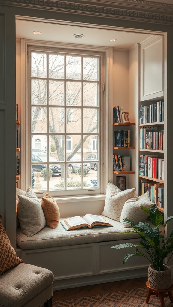 A cozy reading nook with a bay window, featuring cushions and bookshelves filled with books.