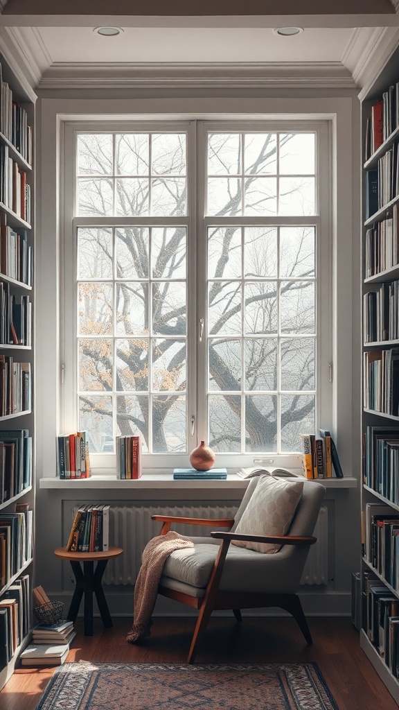 A cozy reading nook featuring a comfortable chair by a large window, surrounded by bookshelves filled with books.