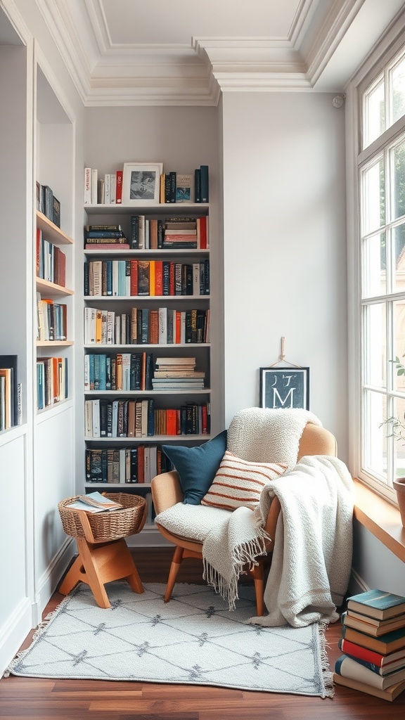 Cozy reading nook with natural light, featuring a comfy chair, side table, and bookshelves.